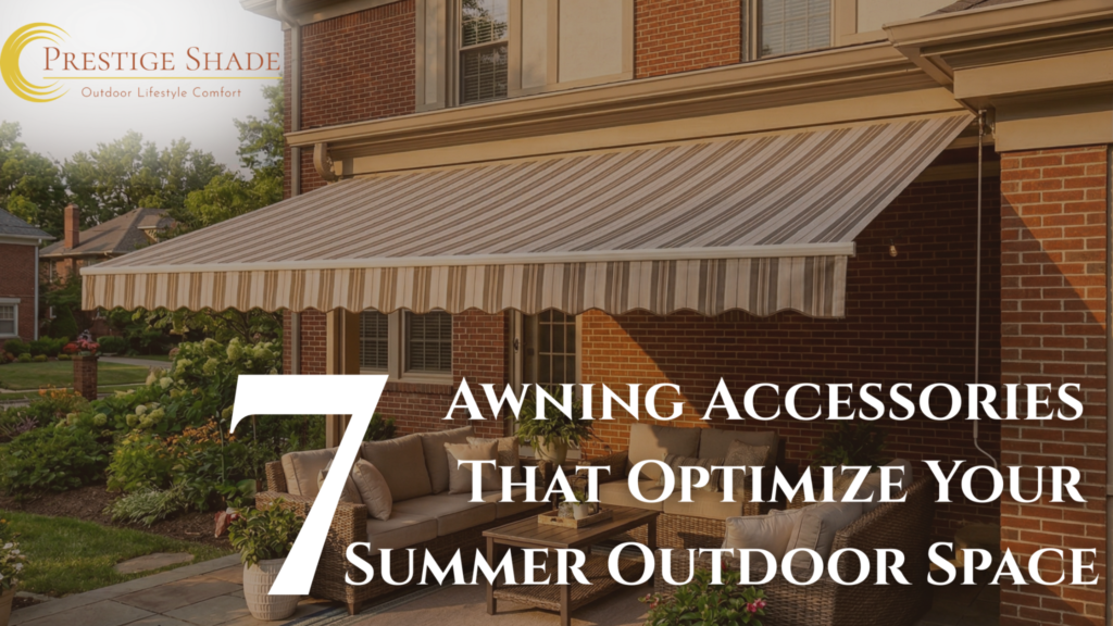 A brick house with a brick patio, shaded by a Sunesta awning, professionally installed by Prestige Shade.