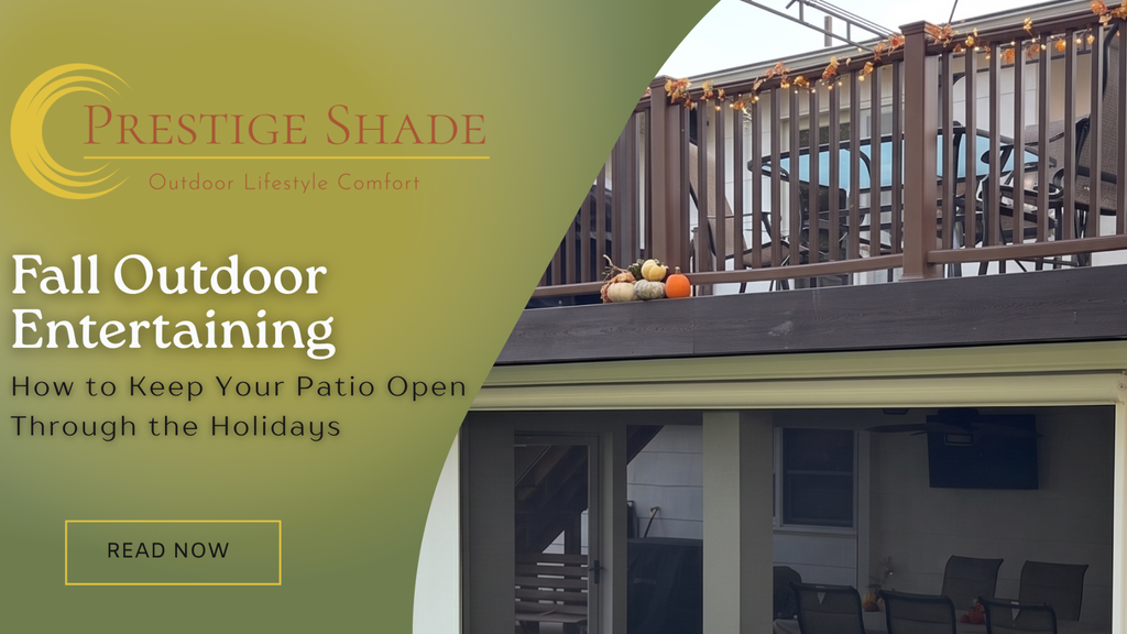 A fall decorated upper level porch, build overtop of another outdoor seating area sheltered by a retractable screen.